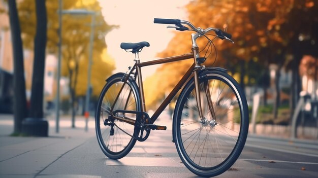 un vélo est garé sur un trottoir à l'automne.