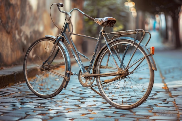 un vélo est garé sur un trottoir avec un trottoire en brique bleue