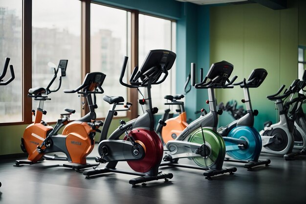 Photo vélo d'exercice dans le centre de remise en forme sport fitness santé fenêtre équipement de gymnastique0