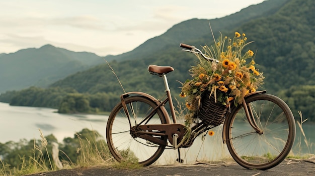 Photo un vélo avec des fleurs à l'avant et une montagne en arrière-plan