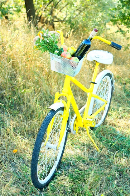 Vélo avec des fleurs et une bouteille de vin dans un panier en métal libre à l'extérieur