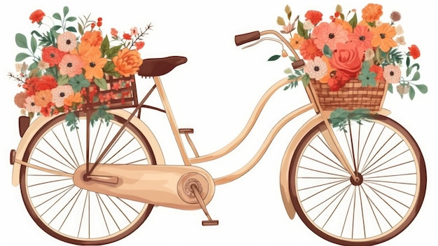 Vélo avec des fleurs colorées dans le panier AI générative