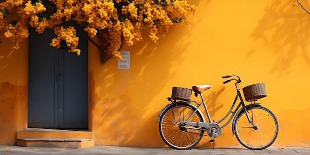 Vélo avec fleurs de mimosa devant le rendu 3d du mur jaune