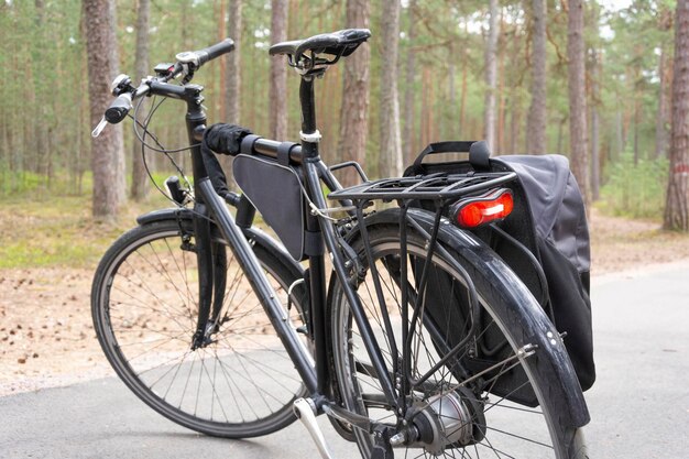 Vélo garé sur le chemin forestier piste cyclable dans la forêt feu arrière de vélo sac de vélo