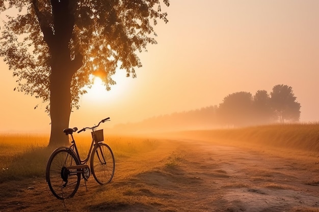 Un vélo garé sur un chemin de terre avec le soleil derrière lui.