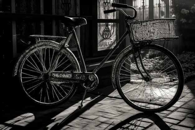 Vélo garé à côté d'une fenêtre sur un trottoir de la ville Generative AI