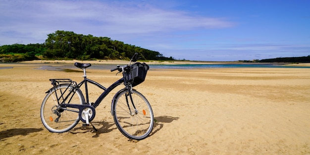 Vélo garé sur la côte sablonneuse vélo rétro à la plage de la mer en vue panoramique