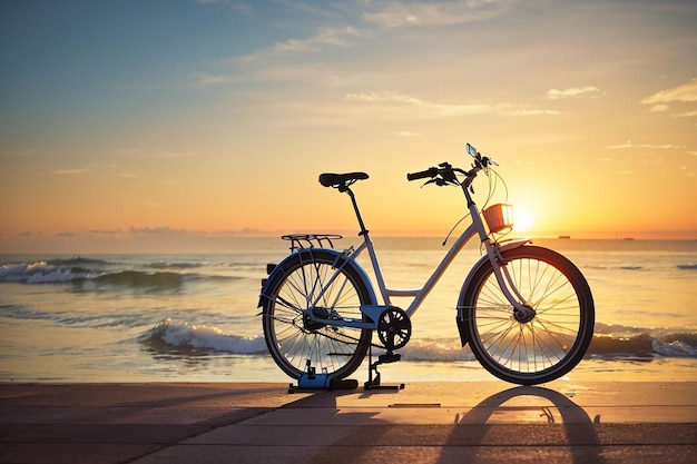 Vélo hipster au lever du soleil du matin au bord de la mer