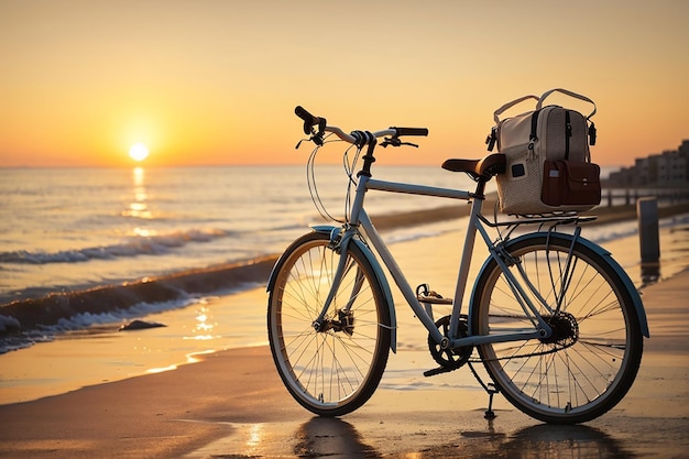 Vélo hipster au lever du soleil du matin au bord de la mer