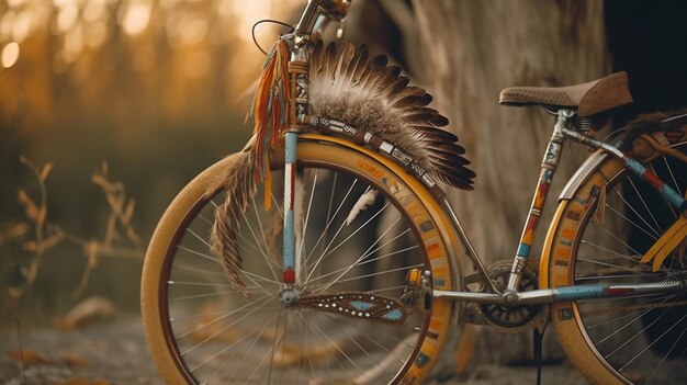 Un vélo indien coloré avec un arbre en arrière-plan