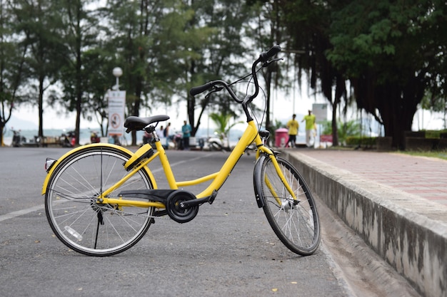 Vélo jaune dans le parc public.
