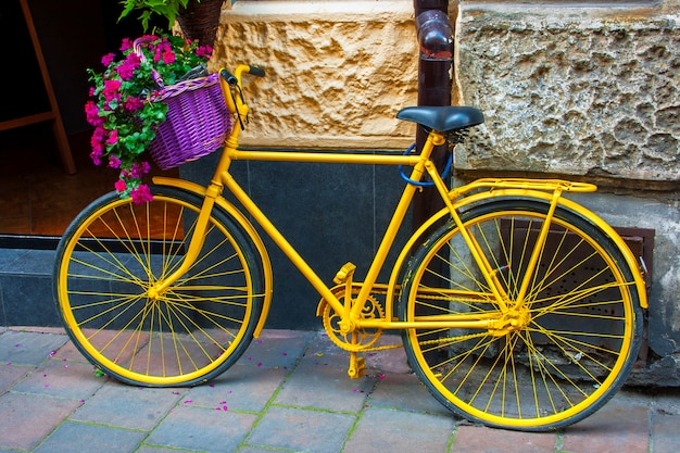 Vélo jaune avec panier de fleurs