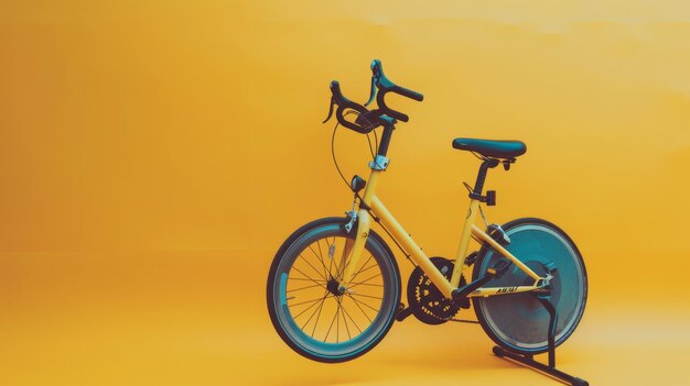 Un vélo jaune vibrant avec un siège bleu sur un fond jaune