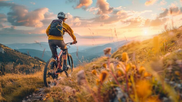 Vélo de montagne descendant une colline action dynamique sens de l'aventure terrain accidenté sous l'IA génératif