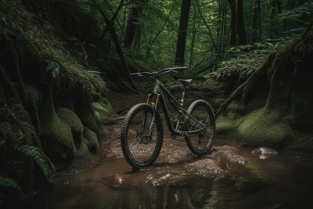 Vélo de montagne élégant et performant entouré de verdure créé avec une IA générative