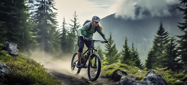 Vélo de montagne femme à vélo en été montagnes paysage forestier