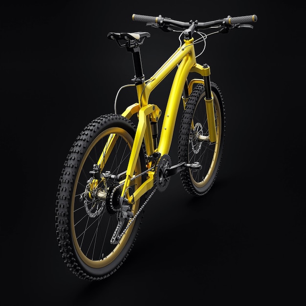 Vélo de montagne jaune sur un fond noir isolé rendu 3d