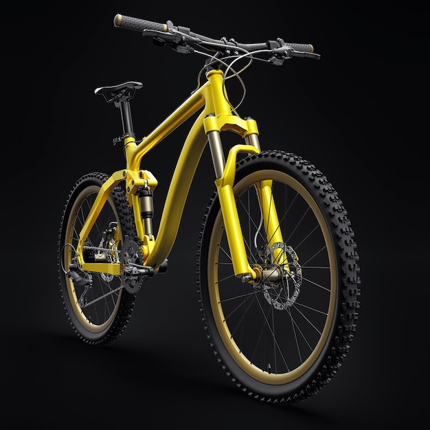 Vélo de montagne jaune sur un fond noir isolé rendu 3d