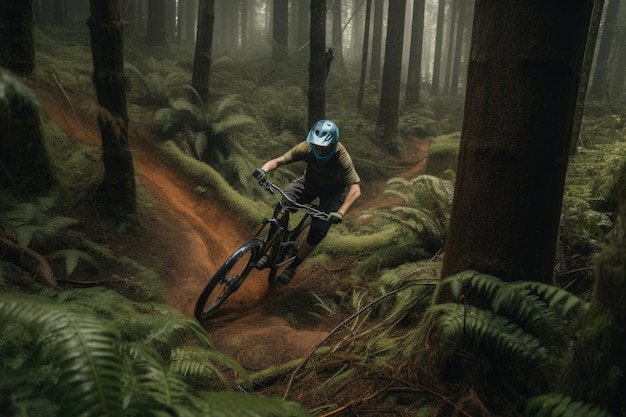 Vélo de montagne naviguant sur un sentier technique avec des rebondissements créés avec une IA générative