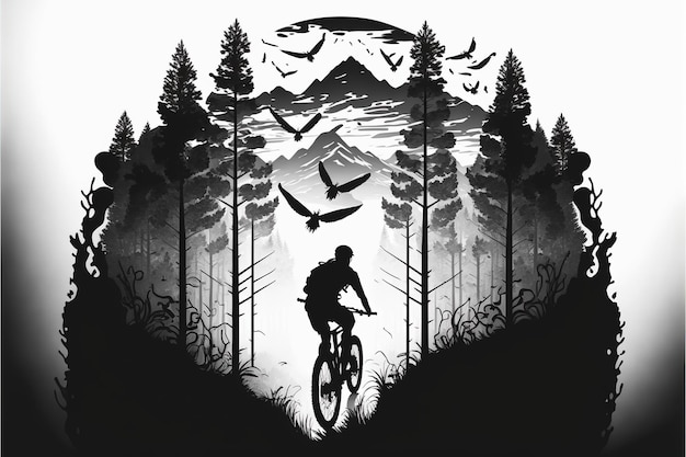 Vélo de montagne noir et blanc avec paysage de montagne à double exposition