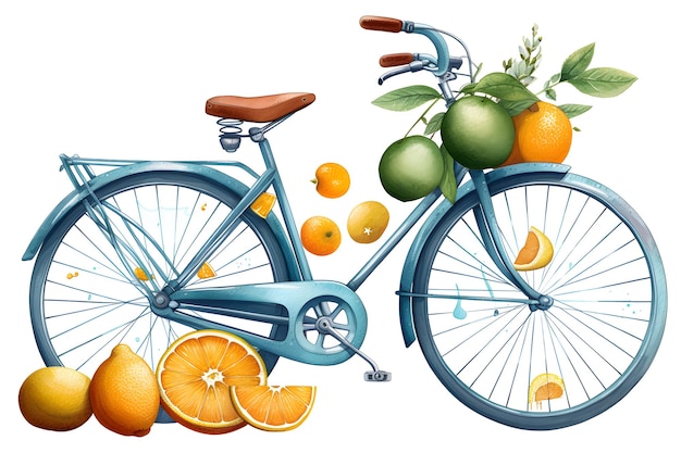 Un vélo avec des oranges et un panier d'oranges dessus