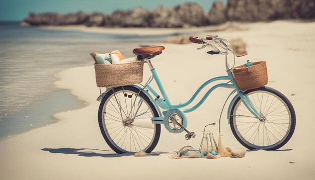 Photo un vélo avec un panier à l'avant et une bouteille de vin sur la plage