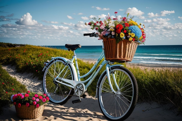 Vélo avec un panier de fleurs sur la côte de la mer sur du sable blanc ai génératif