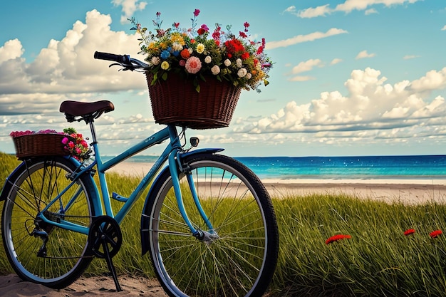 Vélo avec un panier de fleurs sur la côte de la mer sur le sable blanc ai générative