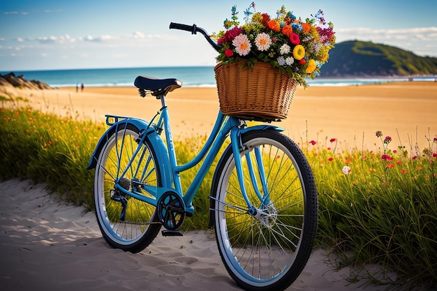 Vélo avec un panier de fleurs sur la côte de la mer sur le sable blanc ai générative