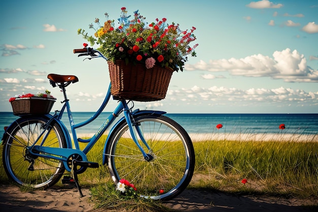 Vélo avec un panier de fleurs sur la côte sur le sable blanc génératif ai