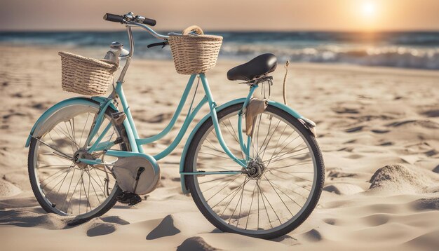 un vélo sur la plage avec un panier de pain dans le panier