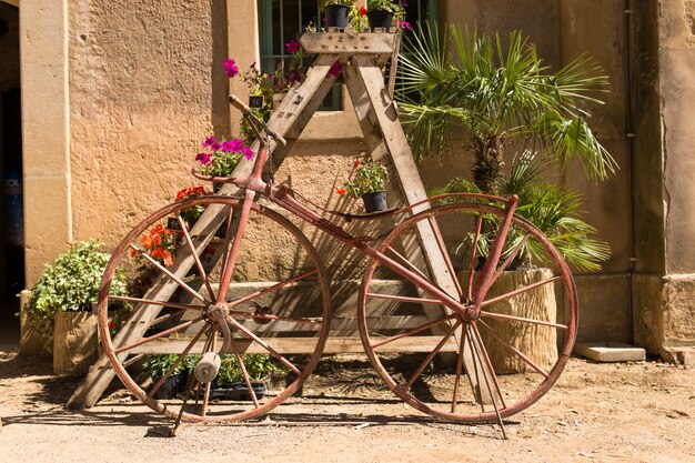 Vélo rétro codé avec des fleurs par une journée ensoleillée