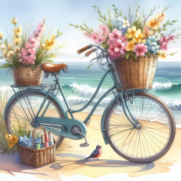 Vélo rétro avec des fleurs sur le rivage Illustration de style aquarelle