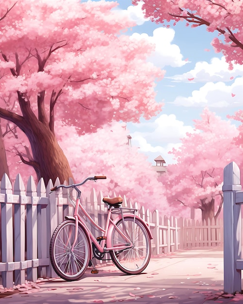Un vélo rose à côté d'une clôture blanche et d'un buisson en fleurs