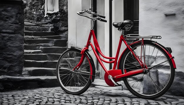 un vélo rouge avec un cadre rouge est garé devant une porte