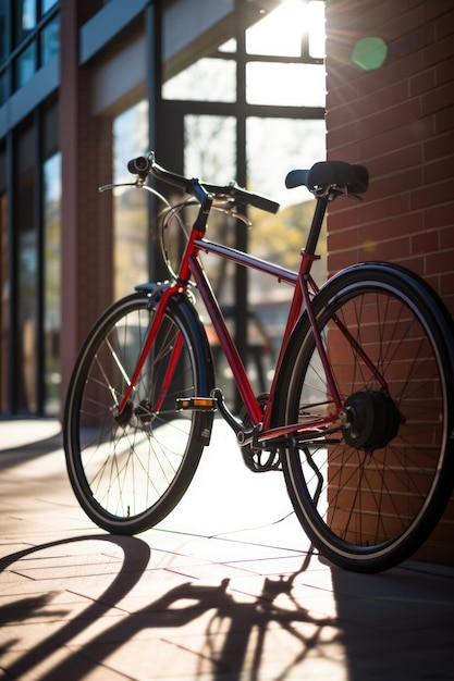 Vélo rouge en construisant un mur de briques dans la rue de la ville créé à l'aide de la technologie générative ai