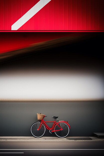 Un vélo rouge est garé devant un grand panneau rouge qui dit "le mot" dessus.