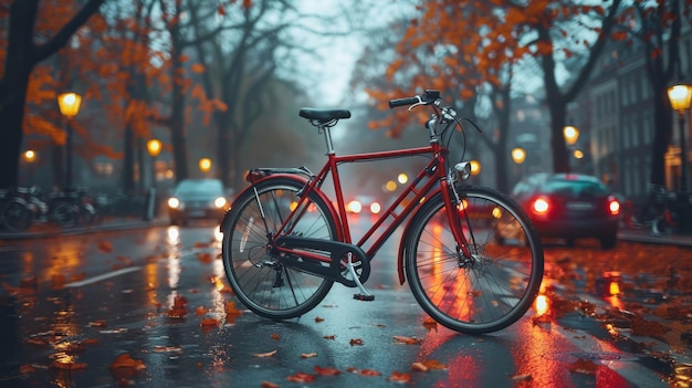 un vélo rouge est garé sur une rue humide avec les lumières allumées