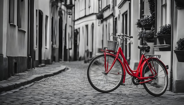 Photo un vélo rouge est garé sur une rue pavée