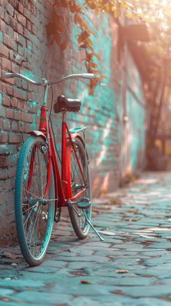 un vélo rouge est garé sur un trottoir en brique