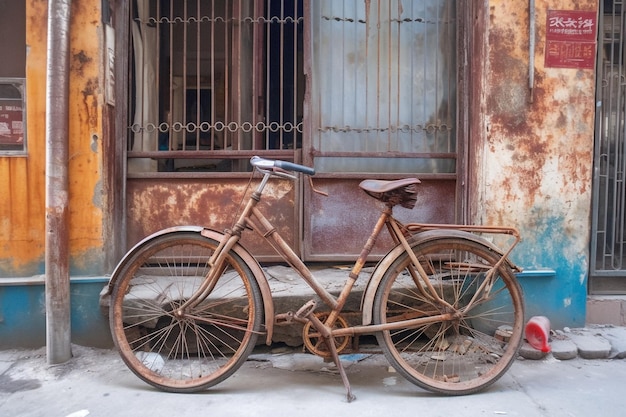 Photo un vélo rouillé est garé devant un bâtiment avec une fenêtre.