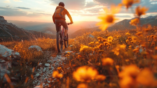 À vélo sur un sentier tranquille au coucher du soleil