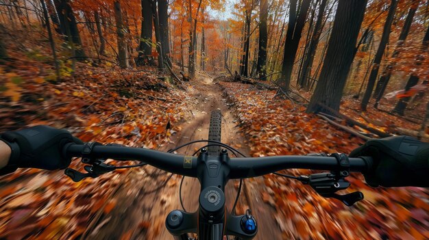 En vélo à travers une forêt tempérée à feuilles larges et mixte sur un sentier forestier