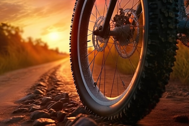 Photo vélo de vélo de sport d'essai au soleil vue rapprochée d'une roue de véro de montagne