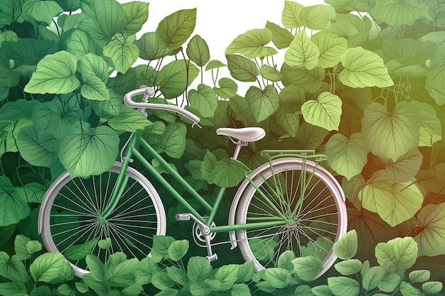 Vélo vert enveloppé de feuilles luxuriantes IA générative détaillée