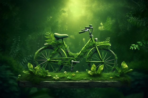 Un vélo vert est dans une forêt verte avec le mot vert dessus.