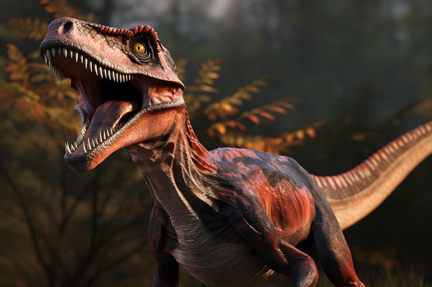 Vélociraptor du Crétacé Dinosaure rapide grand prédateur à dents avec forêt