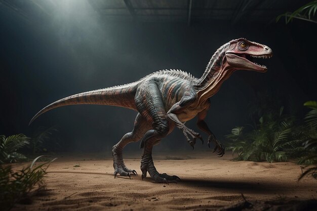 Un Velociraptor féroce qui traverse la forêt.