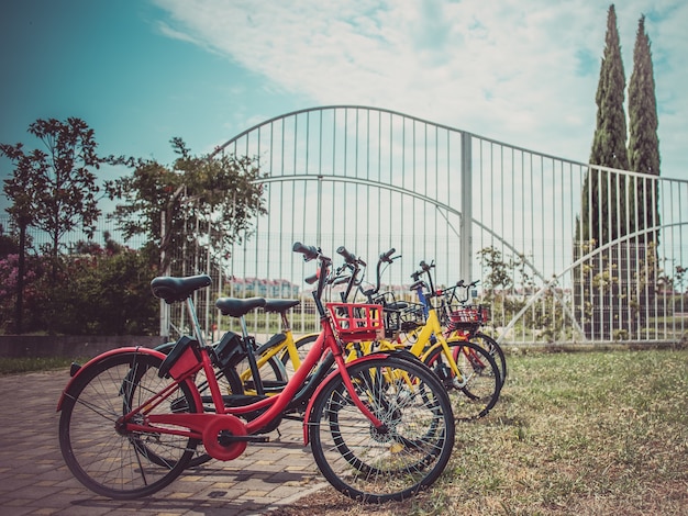 Photo les vélos sont alignés sur un parking à louer