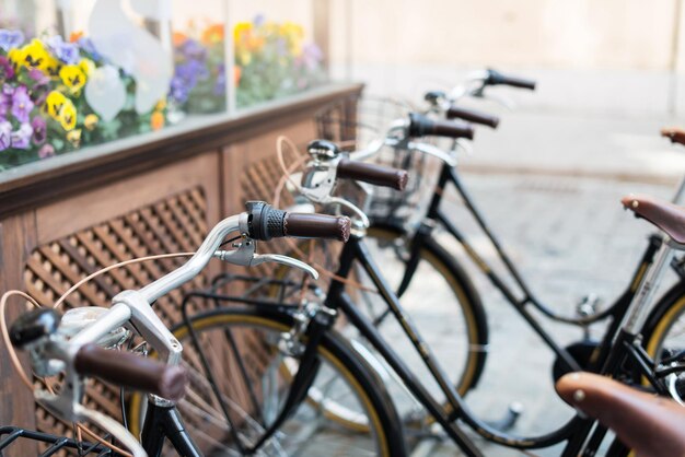 Photo vélos vintage noirs dans un support à vélo